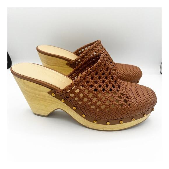 Veronica Beard Hardie Woven Leather & Wood Heeled Clogs Cognac Brown 9 - Picture 3 of 9